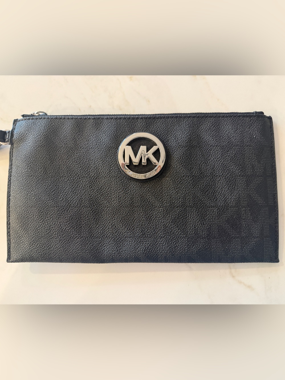 Michael Kors Black Leather Wristlet with Silver MK Emblem